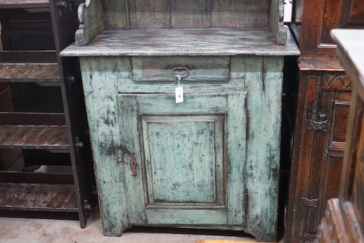 A 19th century and later French provincial painted pine dresser, length 102cm, depth 50cm, height 202cm